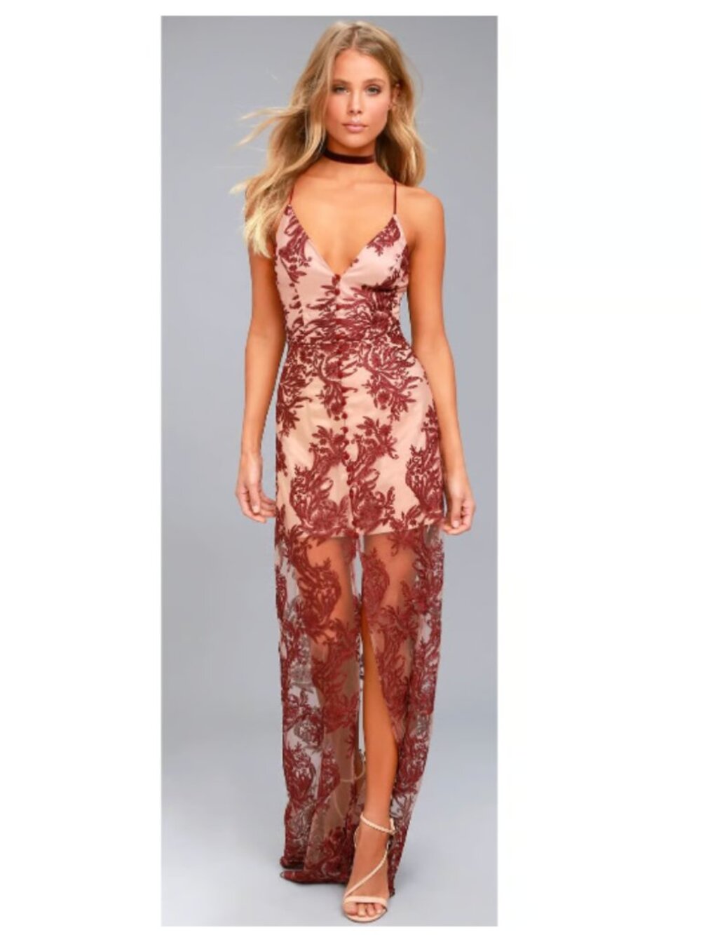 NWT Finders Keepers Spectral Lace Maxi Dress Burgundy Nude Large $215